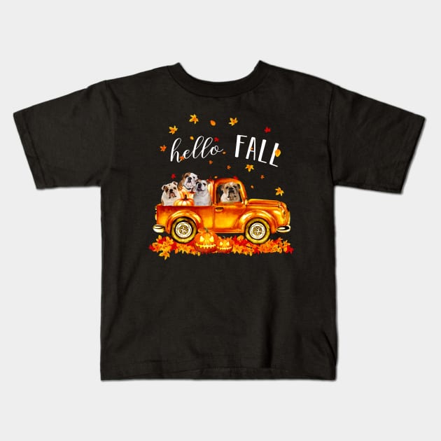 Bulldogs Hello Fall - Bulldogs In Car Pumpkin Halloween T-shirt Bulldogs Autunm Gift Kids T-Shirt by kimmygoderteart